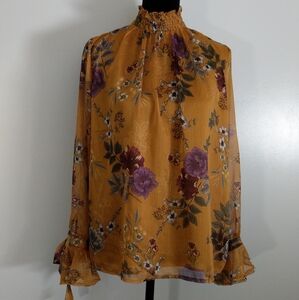 Floral Mustard Blouse Lettuce Neck Flared Sleeve Elegant Sheer Back Classy